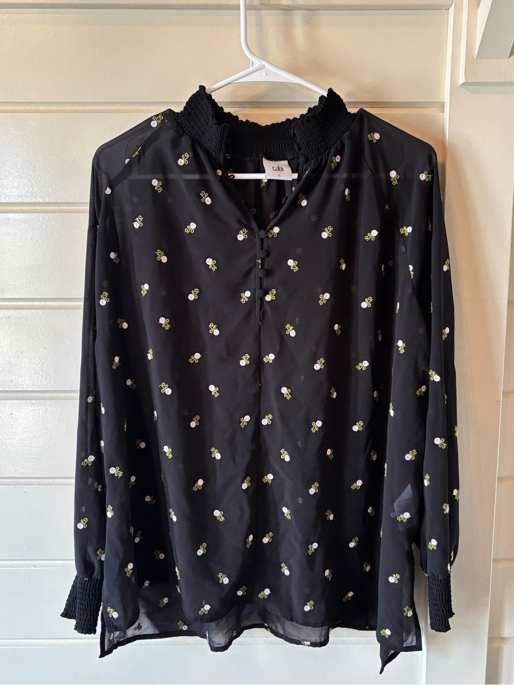 CAbi Black Long-Sleeve Blouse with Small White and Green Floral Print